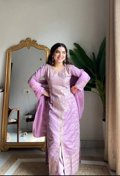 Roman Silk Embroidered Kurti Palazzo Set with Organza Dupatta for Festive and Wedding Wear