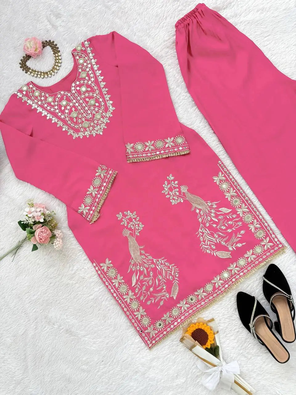 Roman Silk Embroidered Sharara Set with Mirror & Sequence Work
