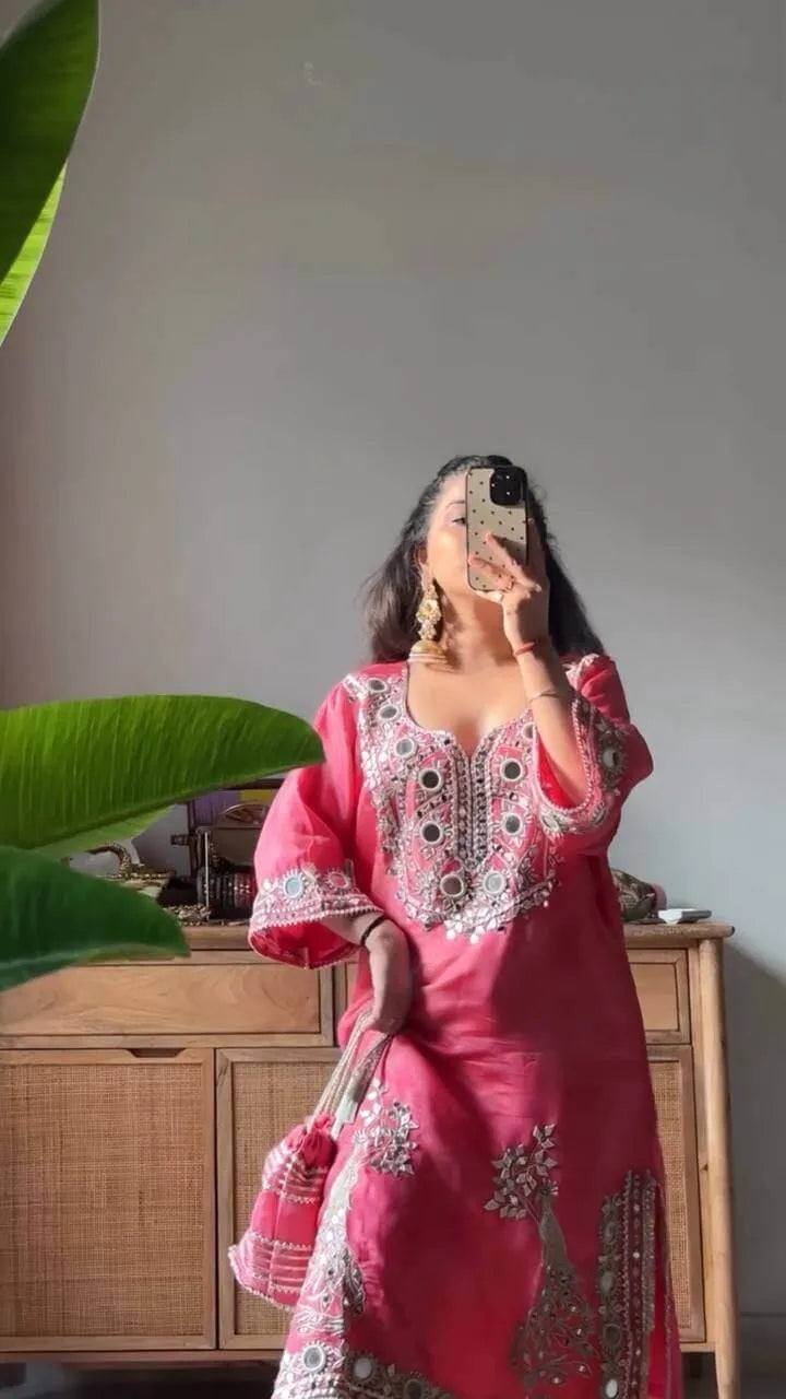 Roman Silk Embroidered Sharara Set with Mirror & Sequence Work