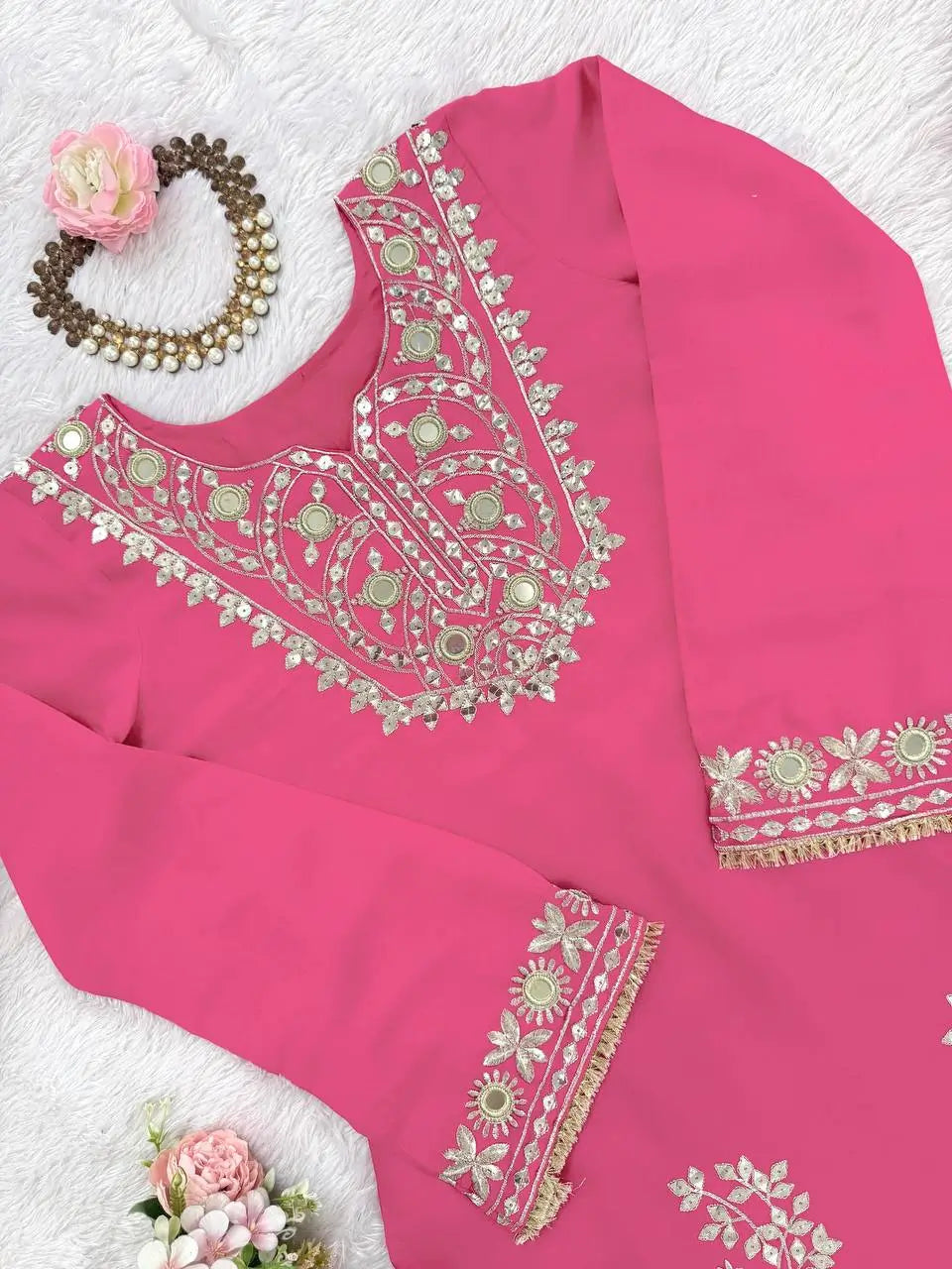 Roman Silk Embroidered Sharara Set with Mirror & Sequence Work