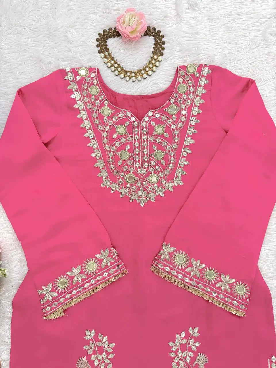 Roman Silk Embroidered Sharara Set with Mirror & Sequence Work