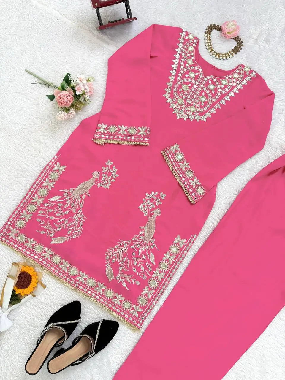 Roman Silk Embroidered Sharara Set with Mirror & Sequence Work
