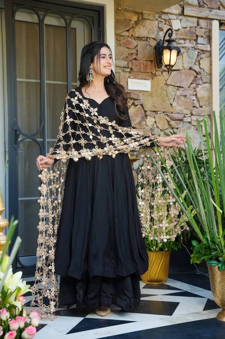 Roman Silk Gown Palazzo Set With Mirror Work Dupatta