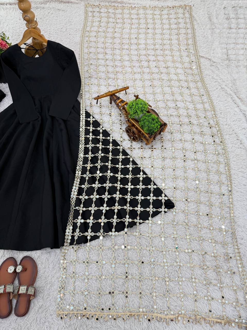 Roman Silk Gown Palazzo Set With Mirror Work Dupatta