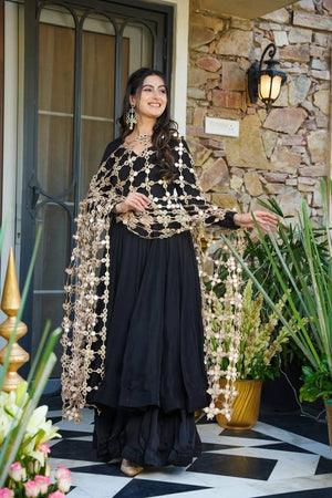 Roman Silk Gown Palazzo Set With Mirror Work Dupatta