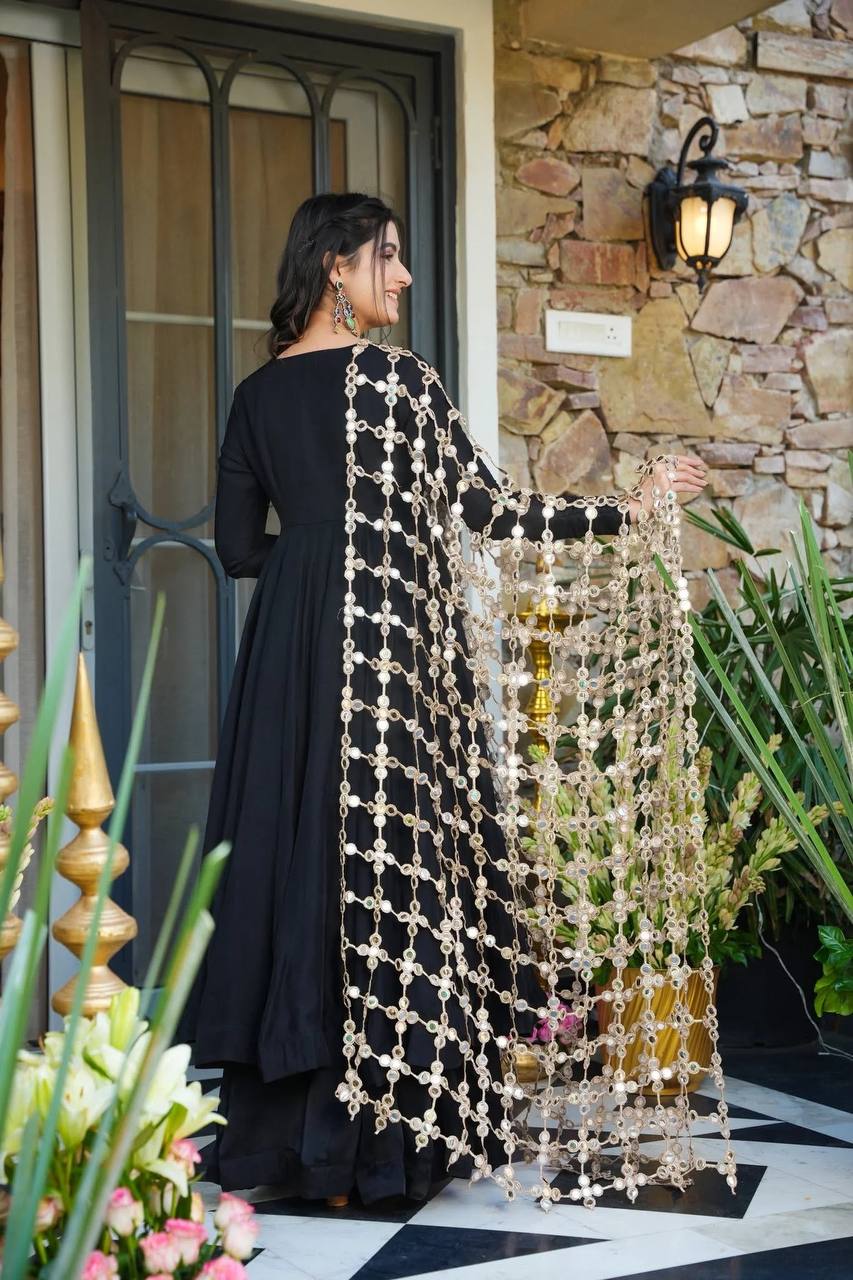 Roman Silk Gown Palazzo Set With Mirror Work Dupatta
