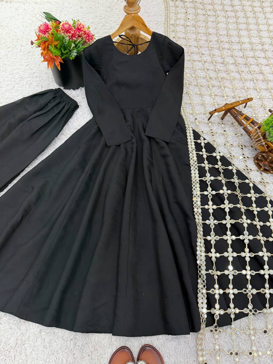 Roman Silk Gown Palazzo Set With Mirror Work Dupatta