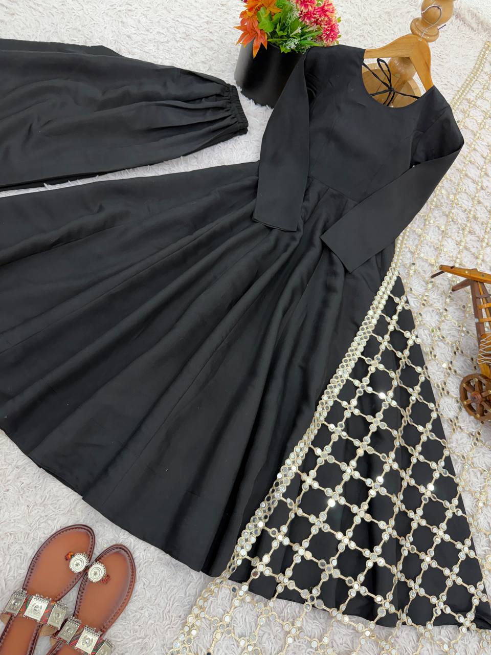 Roman Silk Gown Palazzo Set With Mirror Work Dupatta