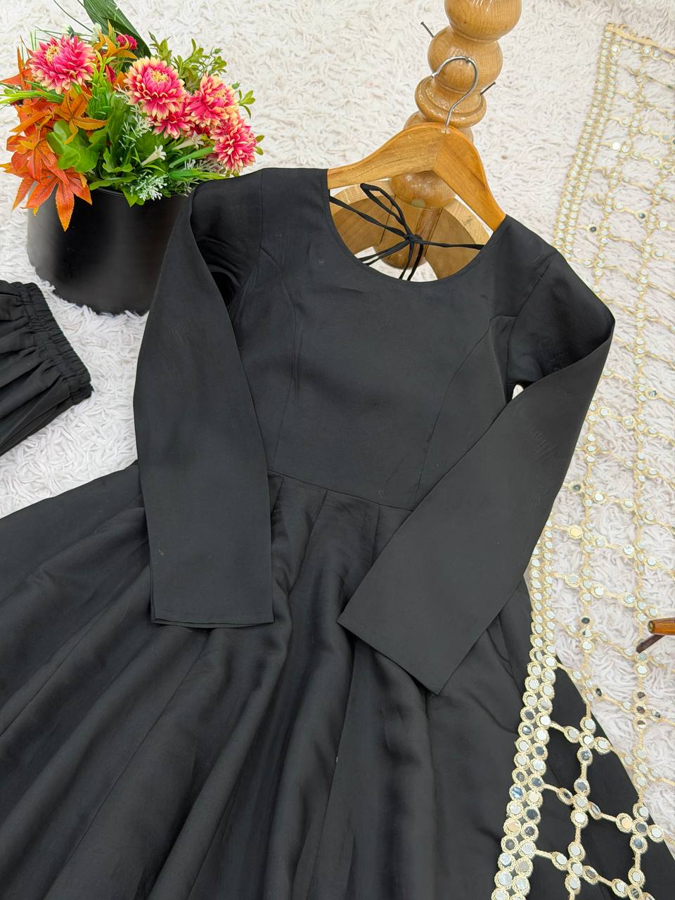 Roman Silk Gown Palazzo Set With Mirror Work Dupatta