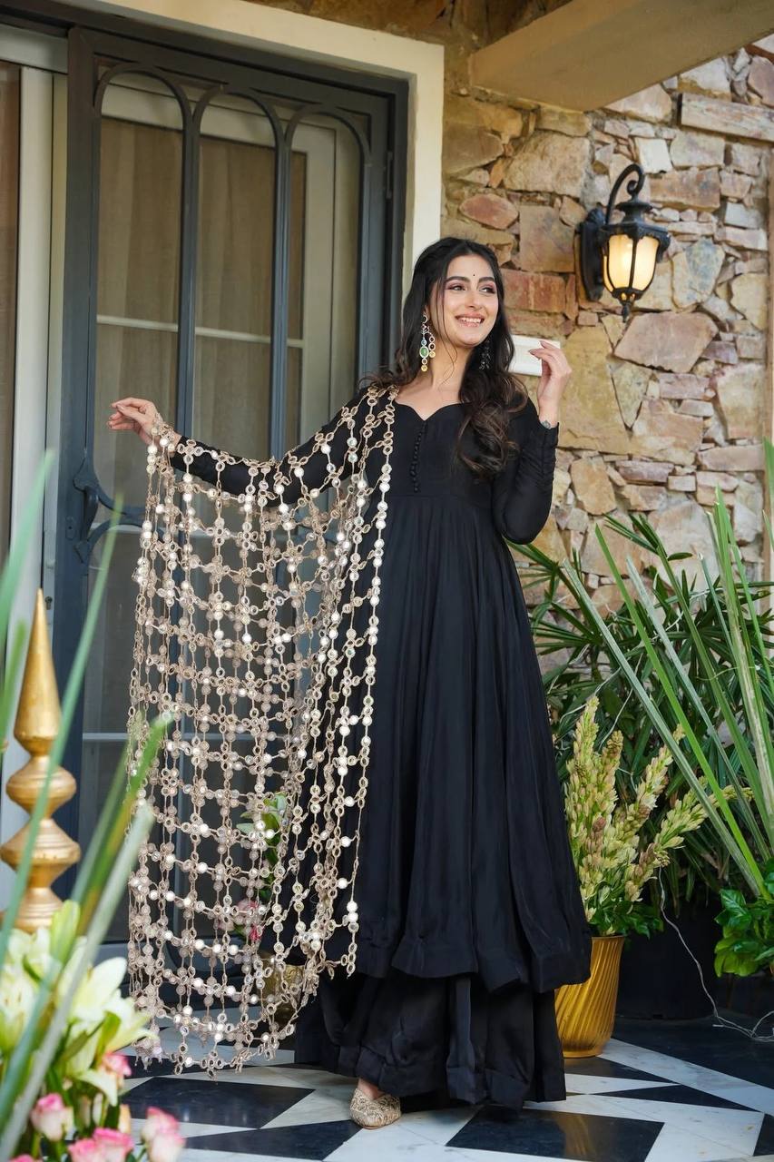 Roman Silk Gown Palazzo Set With Mirror Work Dupatta