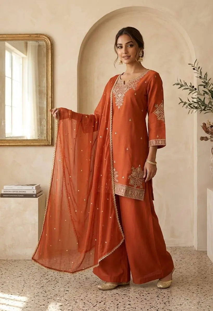 Roman Two Tone Embroidered Kurta Palazzo Set
