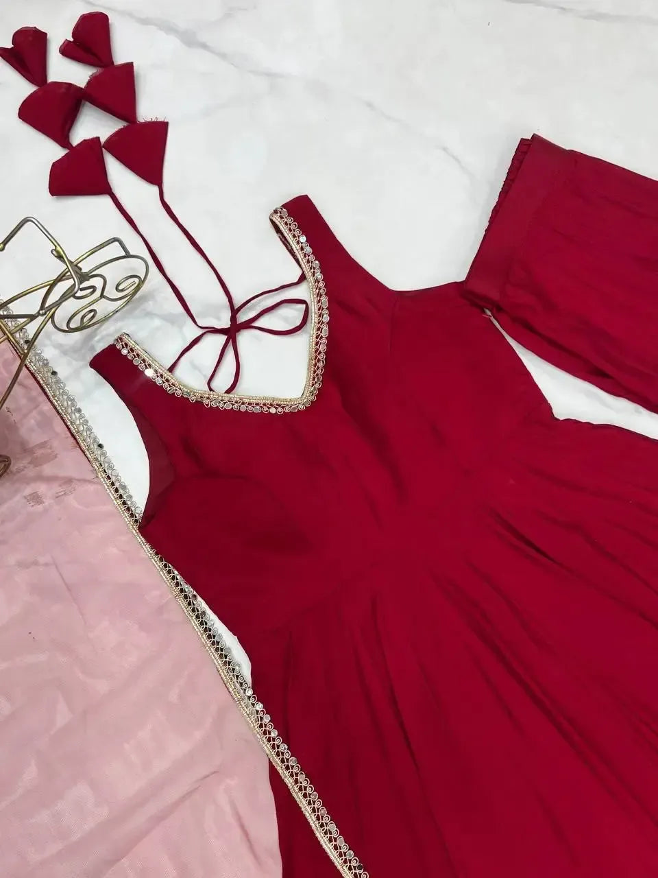 Romansilk Chanderi Anarkali Set with Dupatta and Pant – Mirror Lace Detailing