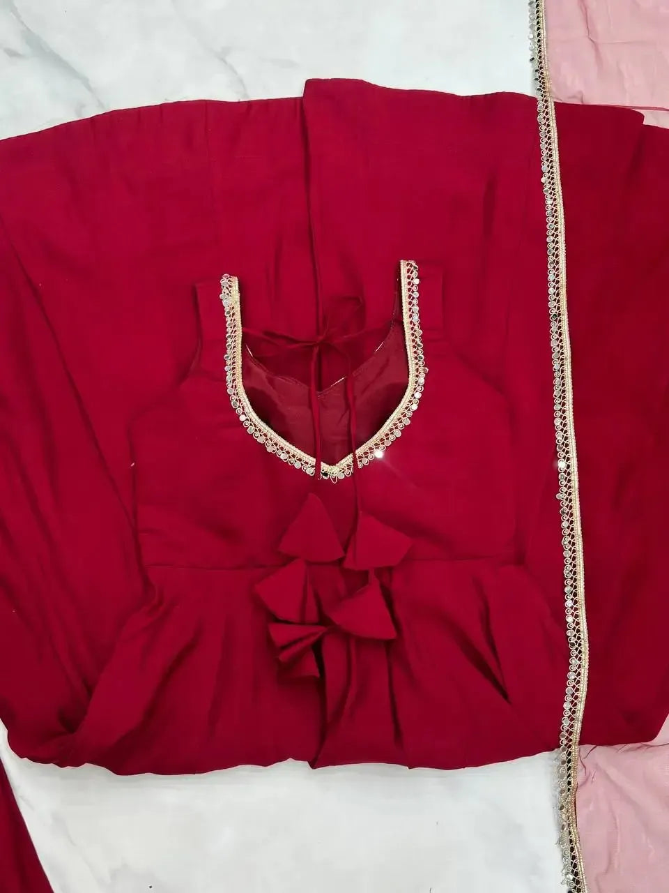 Romansilk Chanderi Anarkali Set with Dupatta and Pant – Mirror Lace Detailing