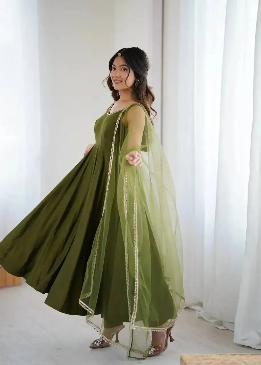 Romansilk Chanderi Anarkali Set with Dupatta and Pant – Mirror Lace Detailing
