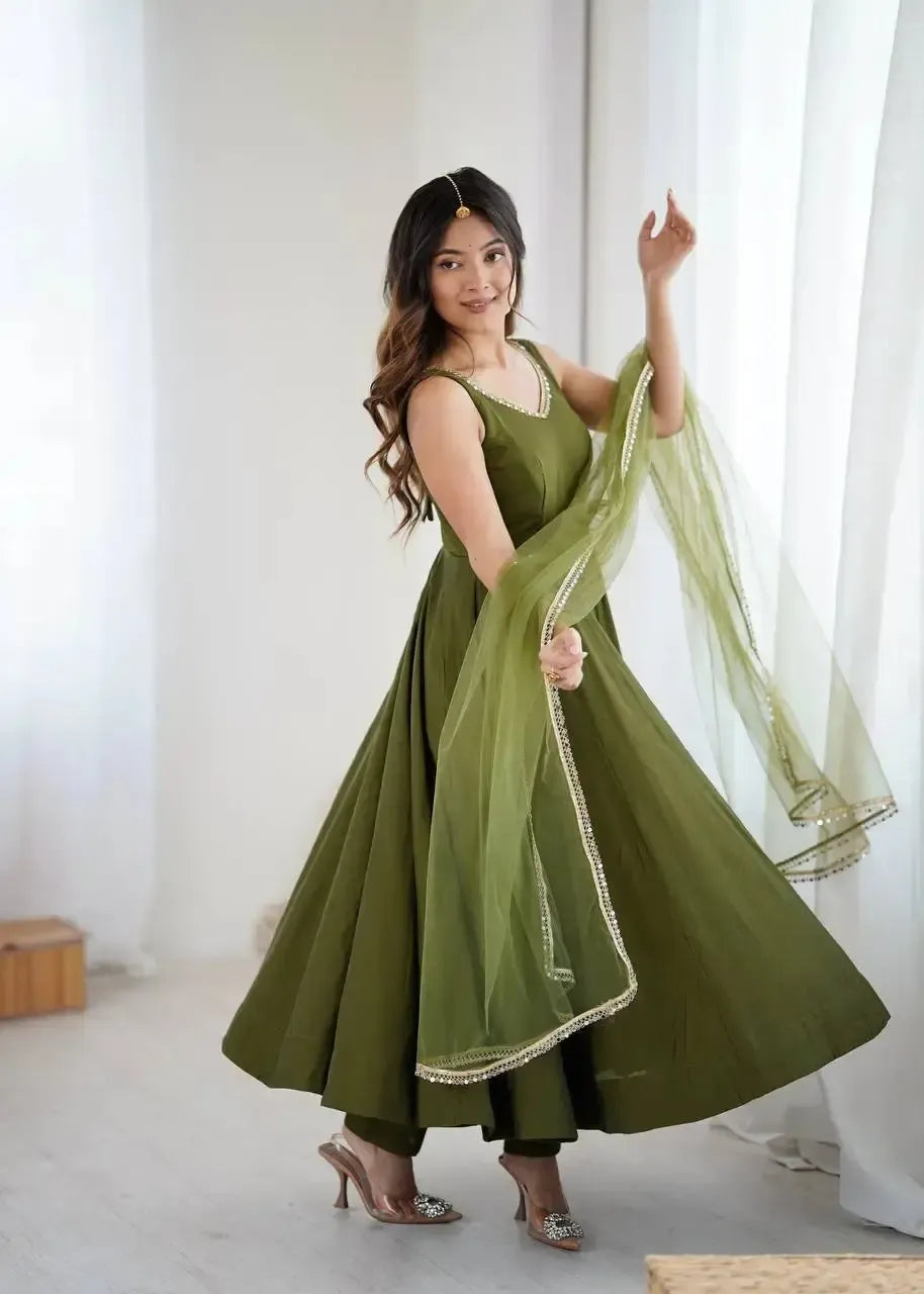 Romansilk Chanderi Anarkali Set with Dupatta and Pant – Mirror Lace Detailing