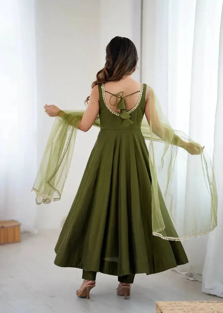 Romansilk Chanderi Anarkali Set with Dupatta and Pant – Mirror Lace Detailing