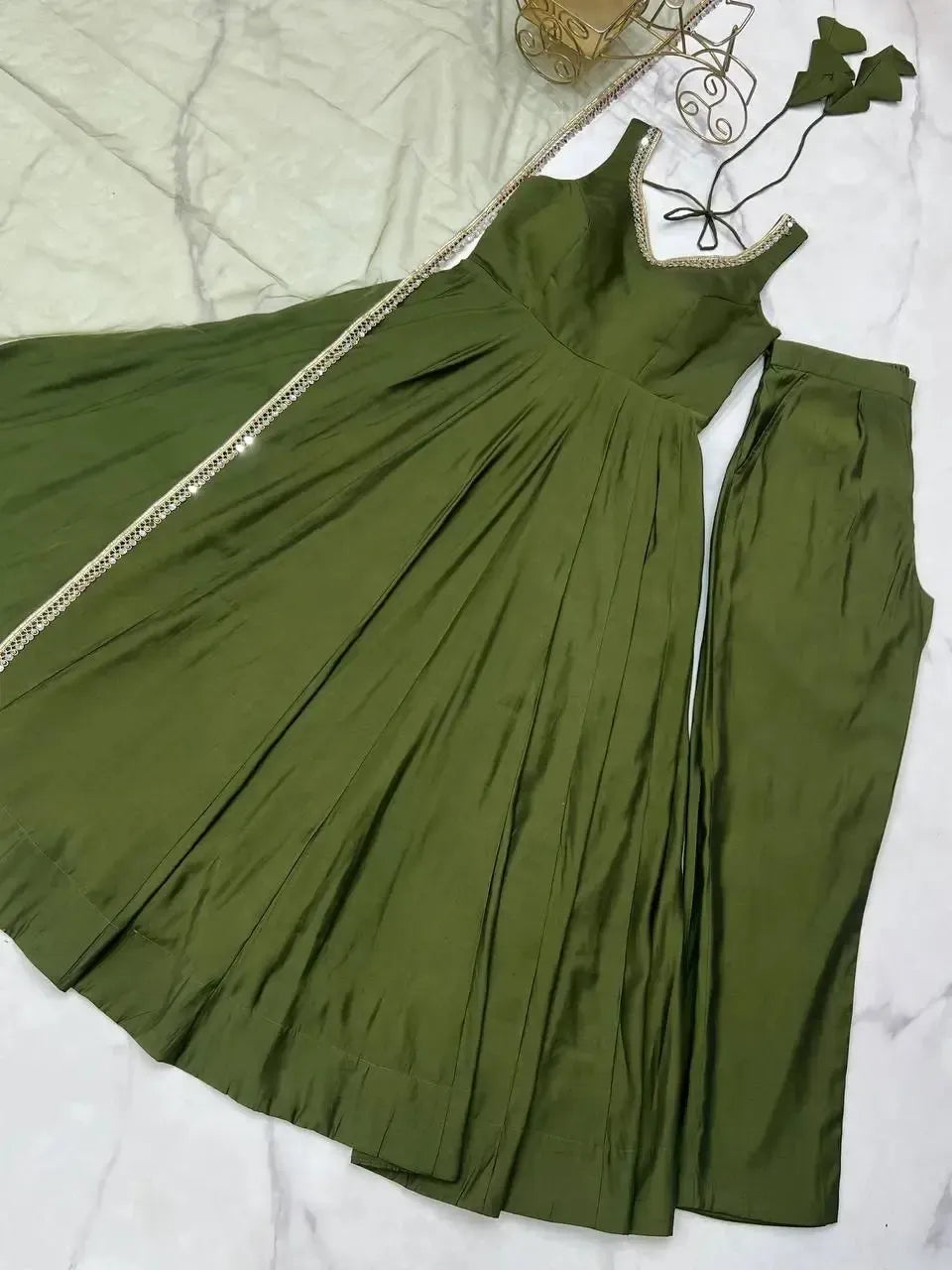 Romansilk Chanderi Anarkali Set with Dupatta and Pant – Mirror Lace Detailing