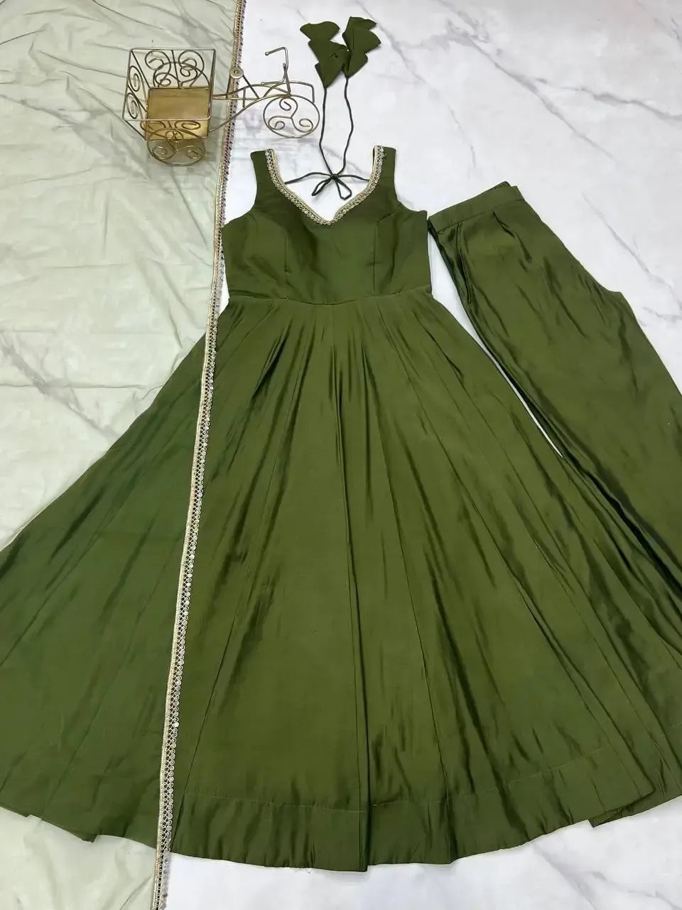 Romansilk Chanderi Anarkali Set with Dupatta and Pant – Mirror Lace Detailing