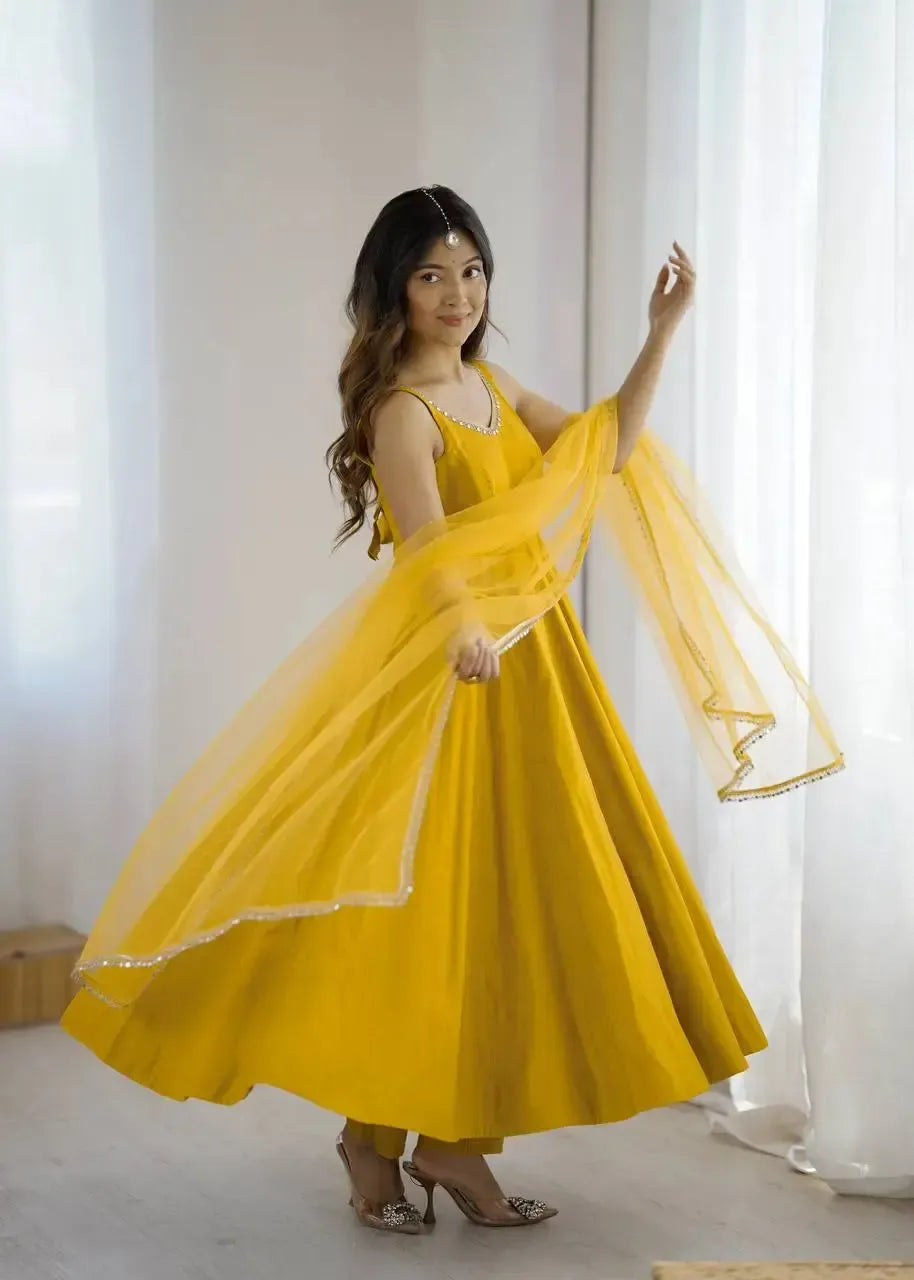 Romansilk Chanderi Anarkali Set with Dupatta and Pant – Mirror Lace Detailing