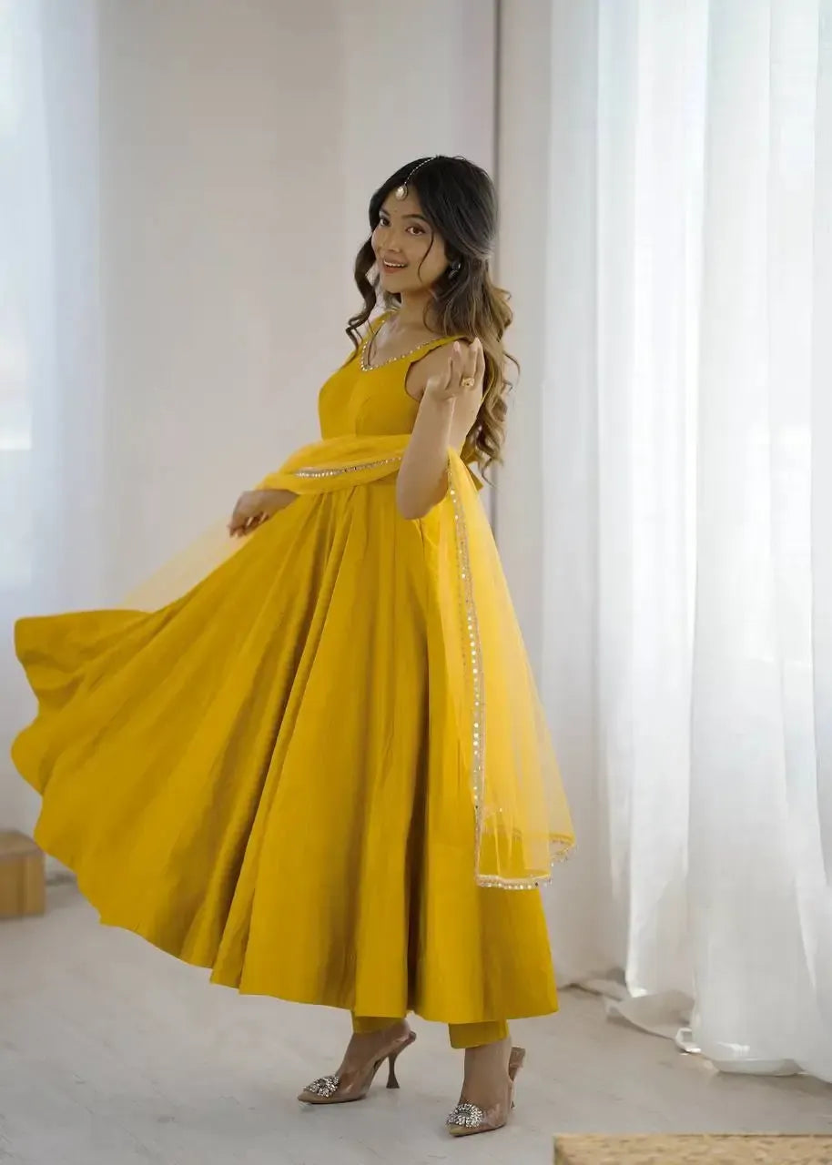Romansilk Chanderi Anarkali Set with Dupatta and Pant – Mirror Lace Detailing