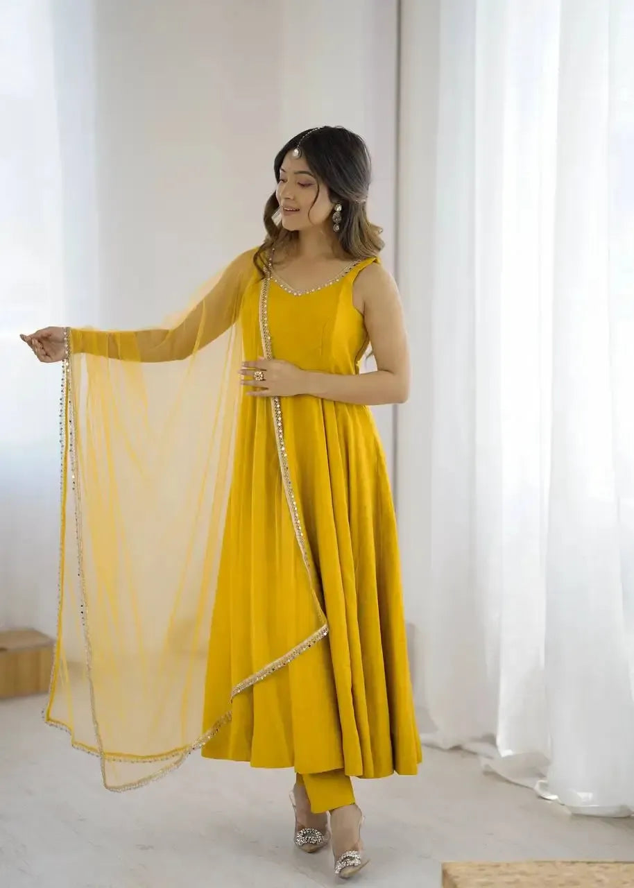Romansilk Chanderi Anarkali Set with Dupatta and Pant – Mirror Lace Detailing