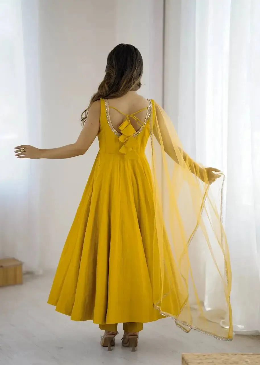 Romansilk Chanderi Anarkali Set with Dupatta and Pant – Mirror Lace Detailing