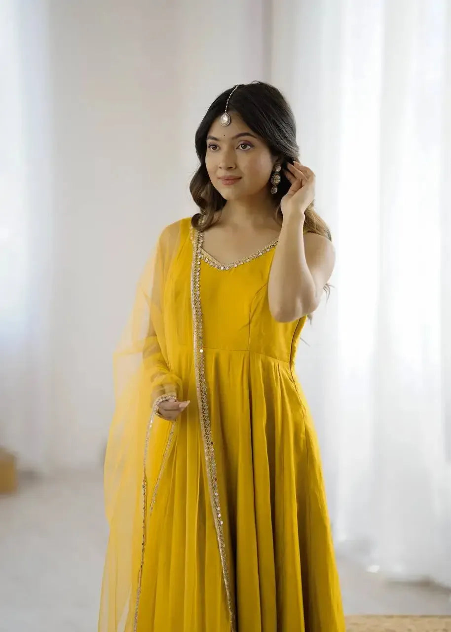 Romansilk Chanderi Anarkali Set with Dupatta and Pant – Mirror Lace Detailing