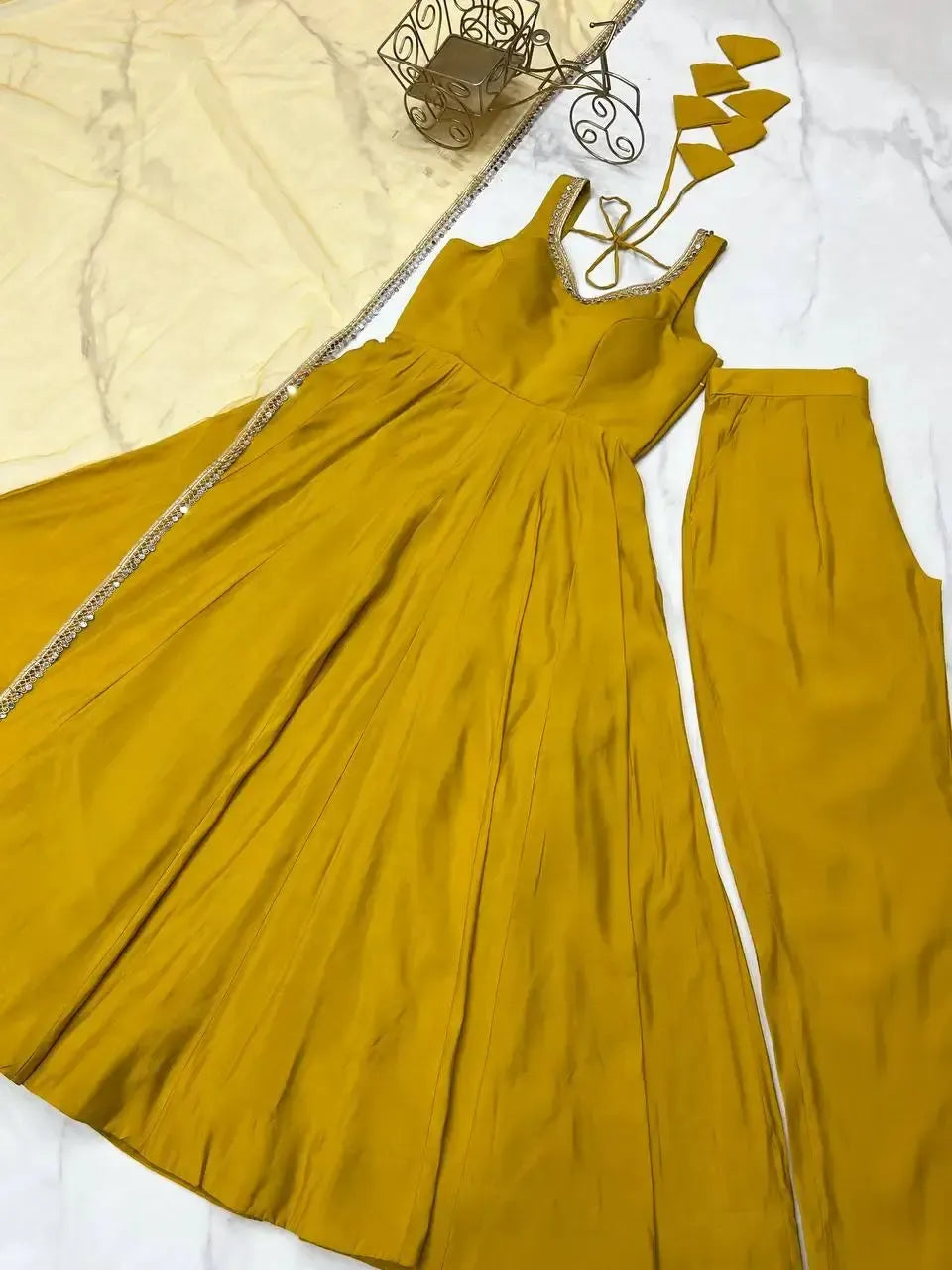 Romansilk Chanderi Anarkali Set with Dupatta and Pant – Mirror Lace Detailing
