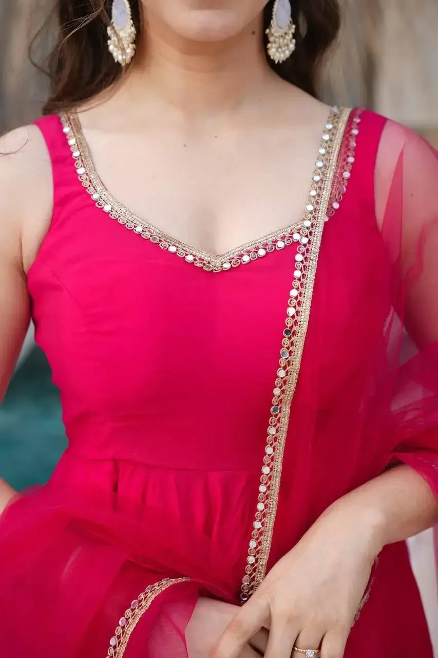Romansilk Chanderi Anarkali Set with Dupatta and Pant – Mirror Lace Detailing