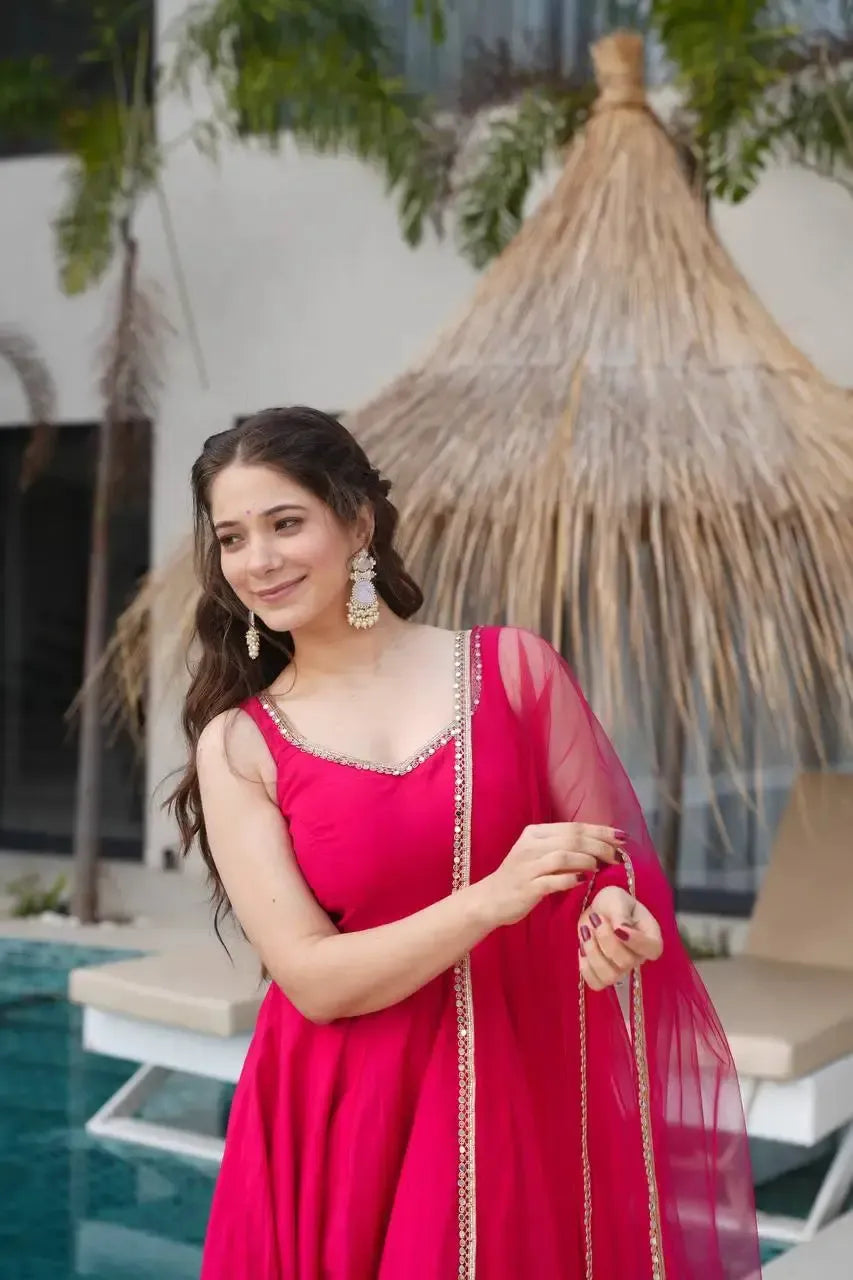 Romansilk Chanderi Anarkali Set with Dupatta and Pant – Mirror Lace Detailing