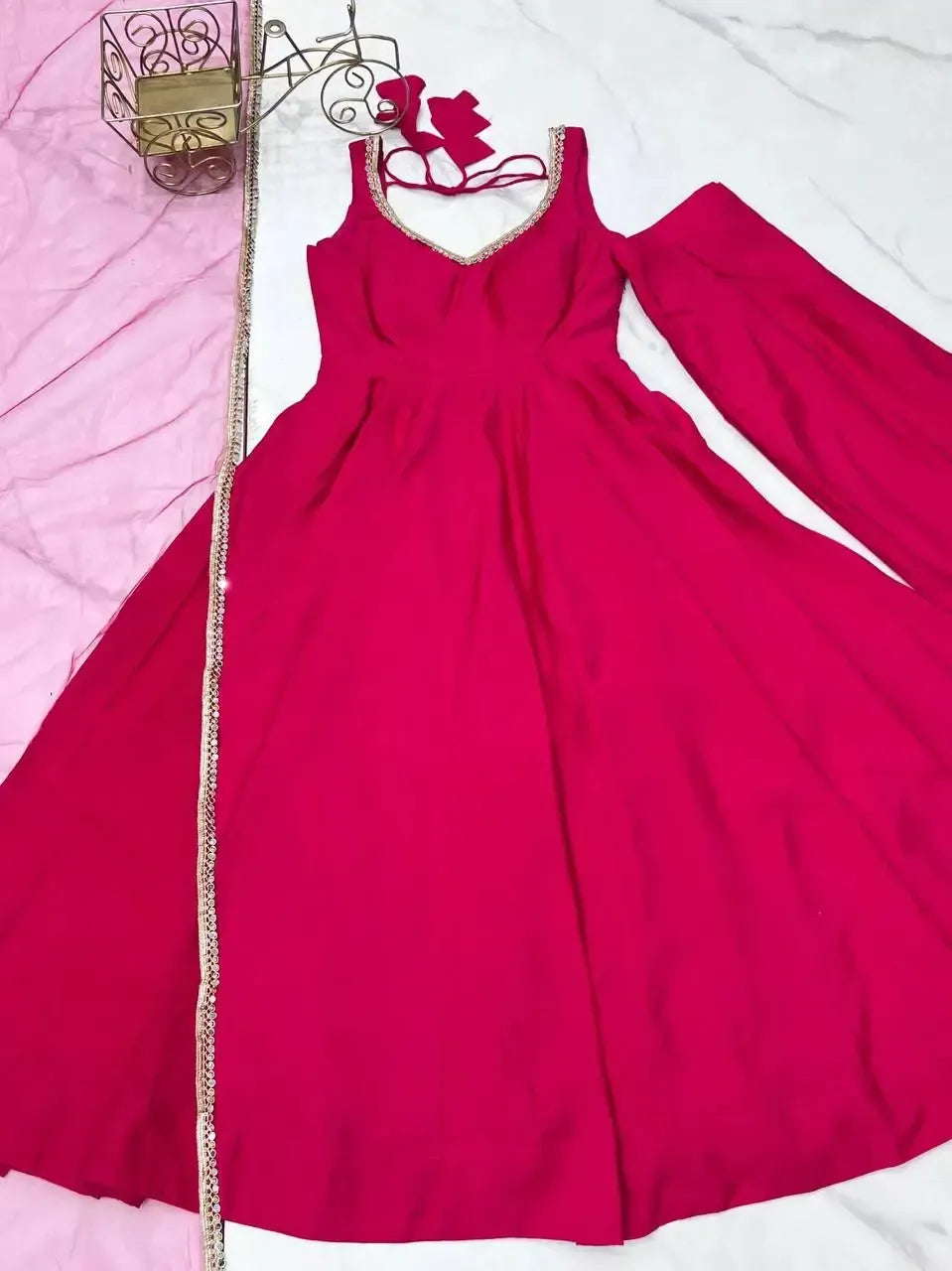 Romansilk Chanderi Anarkali Set with Dupatta and Pant – Mirror Lace Detailing