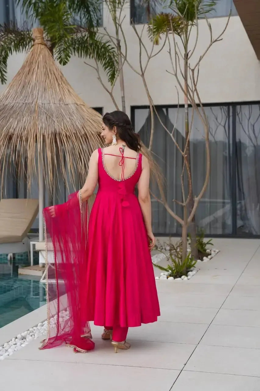 Romansilk Chanderi Anarkali Set with Dupatta and Pant – Mirror Lace Detailing