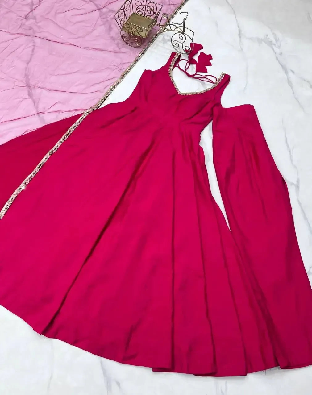 Romansilk Chanderi Anarkali Set with Dupatta and Pant – Mirror Lace Detailing