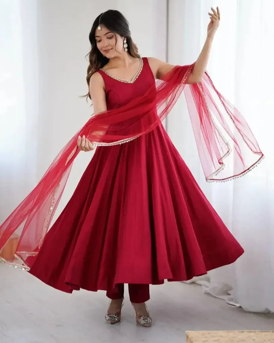 Romansilk Chanderi Anarkali Set with Dupatta and Pant – Mirror Lace Detailing