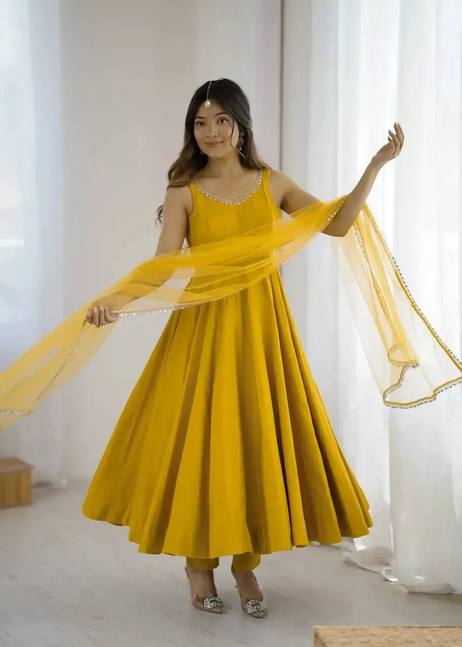 Romansilk Chanderi Anarkali Set with Dupatta and Pant – Mirror Lace Detailing