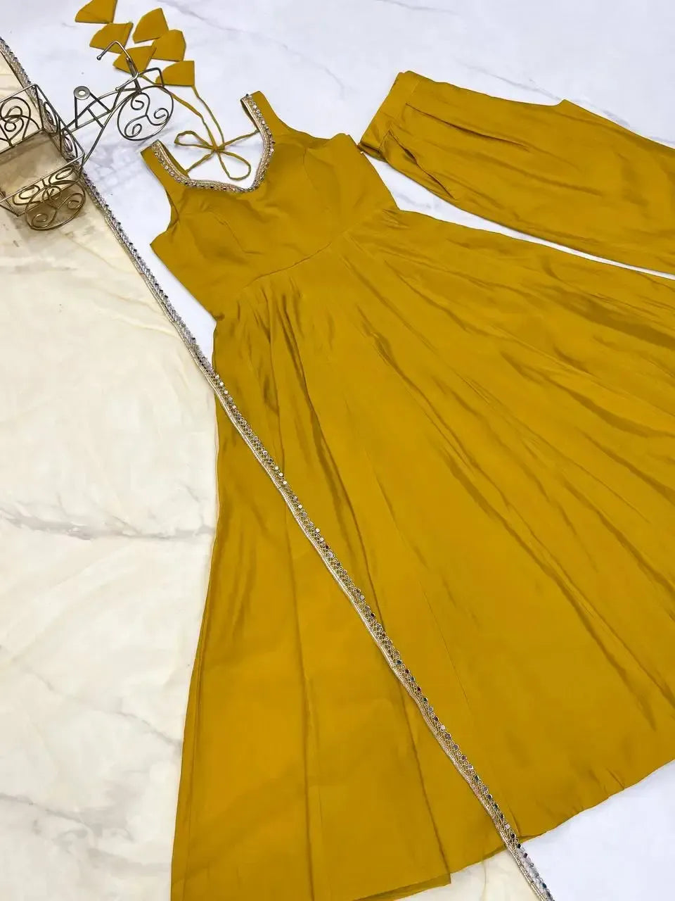 Romansilk Chanderi Anarkali Set with Dupatta and Pant – Mirror Lace Detailing