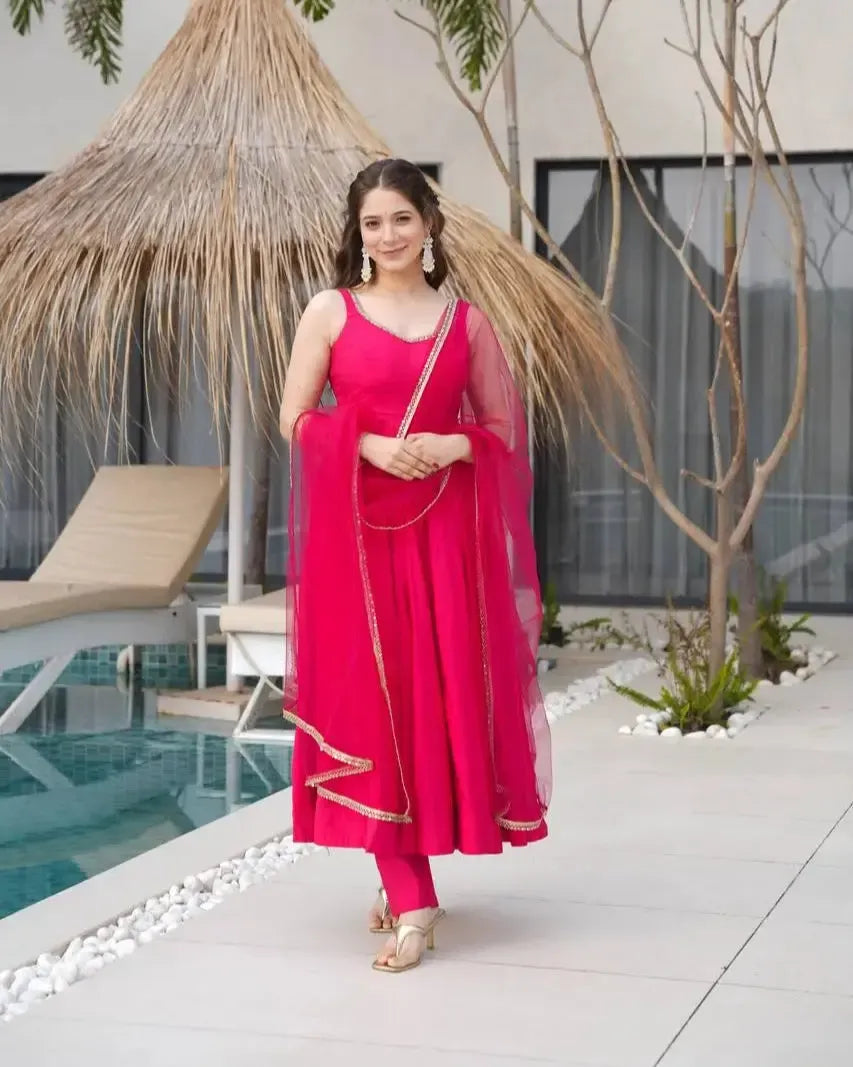 Romansilk Chanderi Anarkali Set with Dupatta and Pant – Mirror Lace Detailing