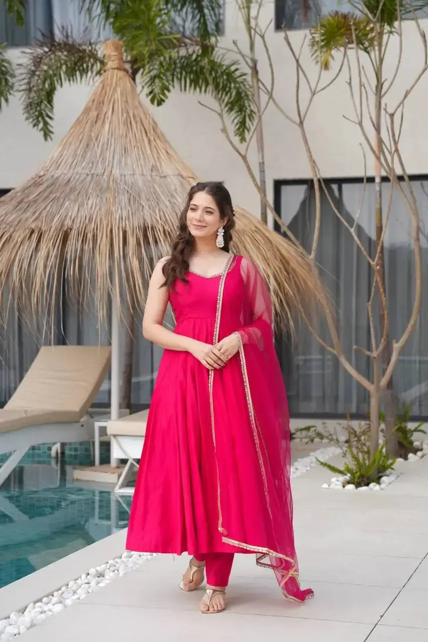 Romansilk Chanderi Anarkali Set with Dupatta and Pant – Mirror Lace Detailing
