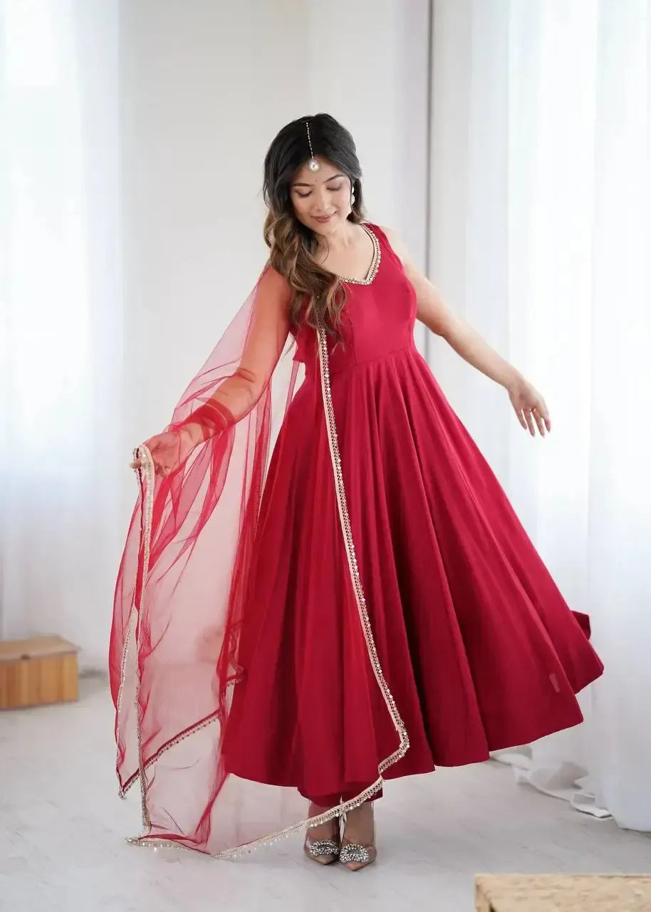 Romansilk Chanderi Anarkali Set with Dupatta and Pant – Mirror Lace Detailing