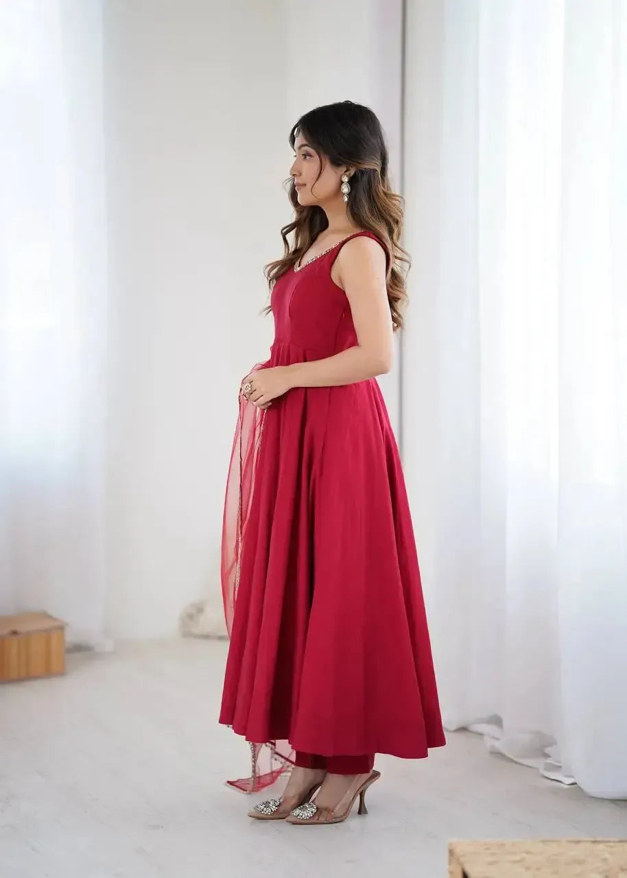 Romansilk Chanderi Anarkali Set with Dupatta and Pant – Mirror Lace Detailing