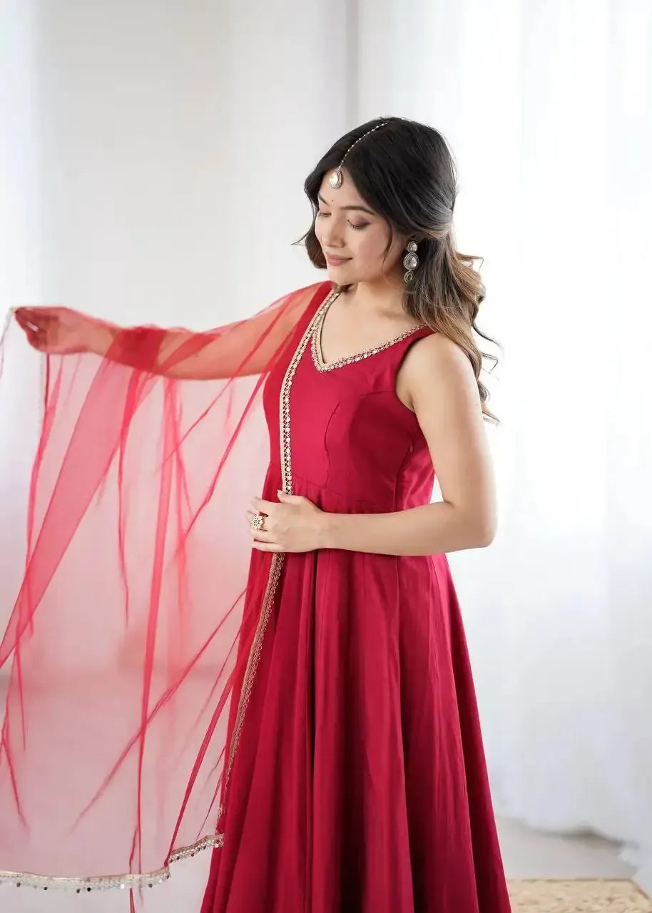 Romansilk Chanderi Anarkali Set with Dupatta and Pant – Mirror Lace Detailing
