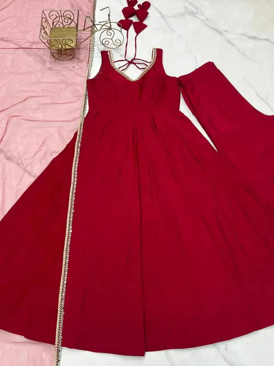 Romansilk Chanderi Anarkali Set with Dupatta and Pant – Mirror Lace Detailing