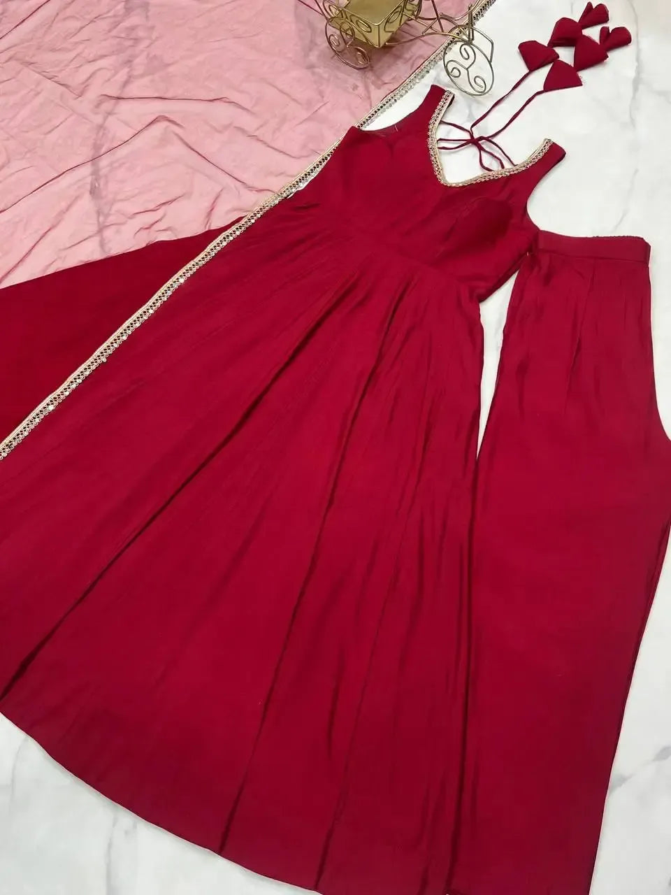 Romansilk Chanderi Anarkali Set with Dupatta and Pant – Mirror Lace Detailing