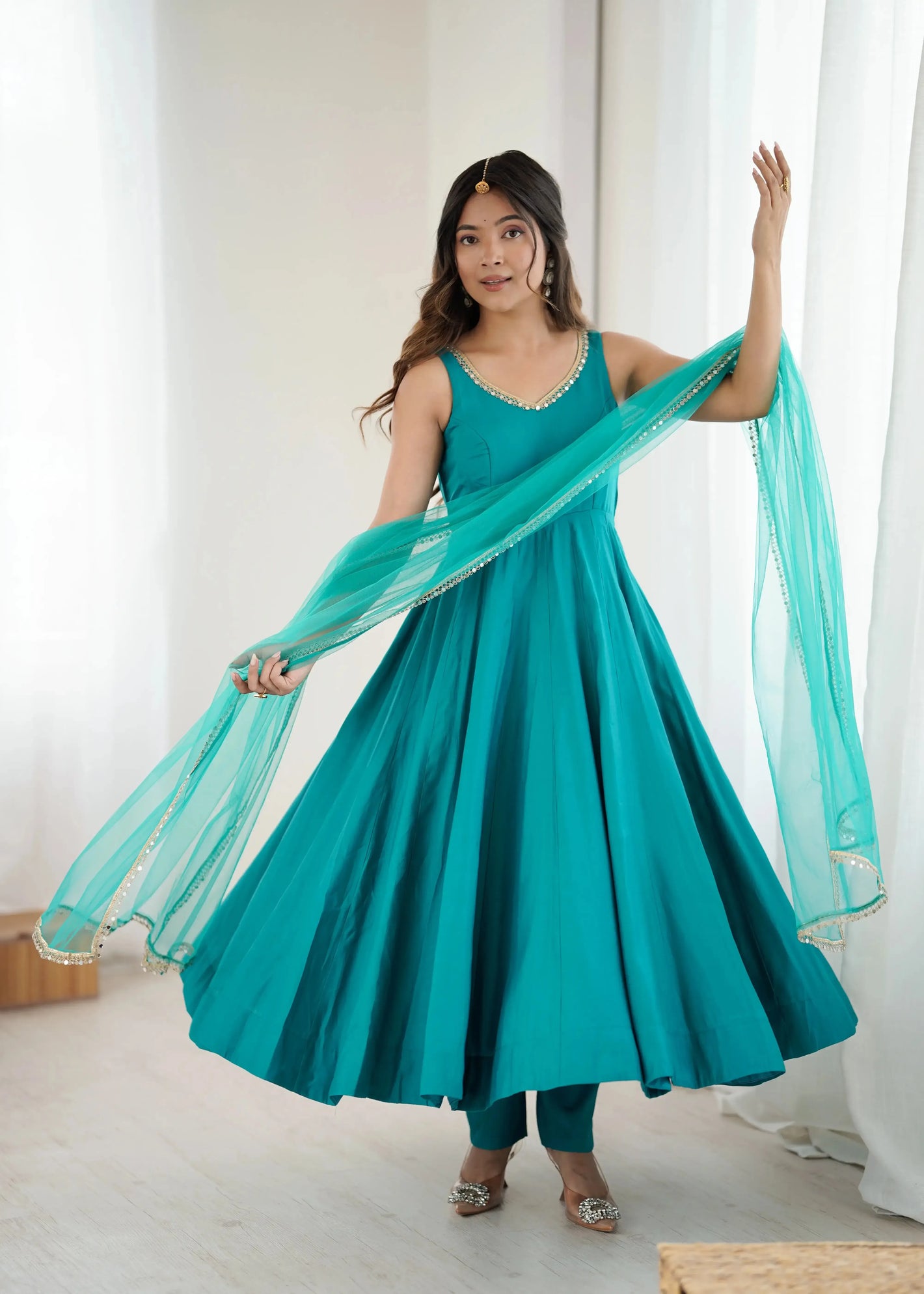 Romansilk Chanderi Anarkali Set with Dupatta and Pant – Mirror Lace Detailing