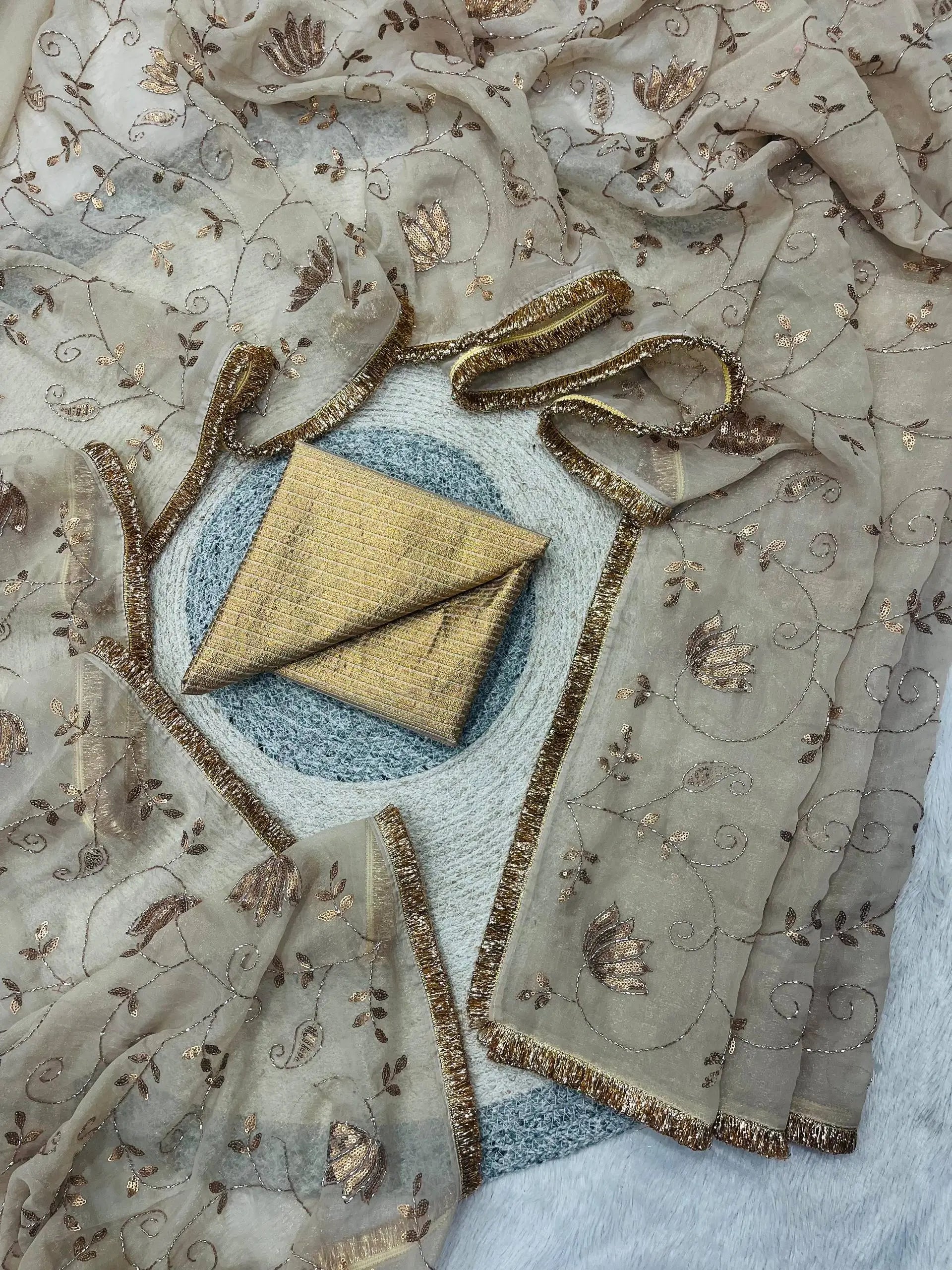 Rose Gold Silk Embroidered Saree with Designer Blouse