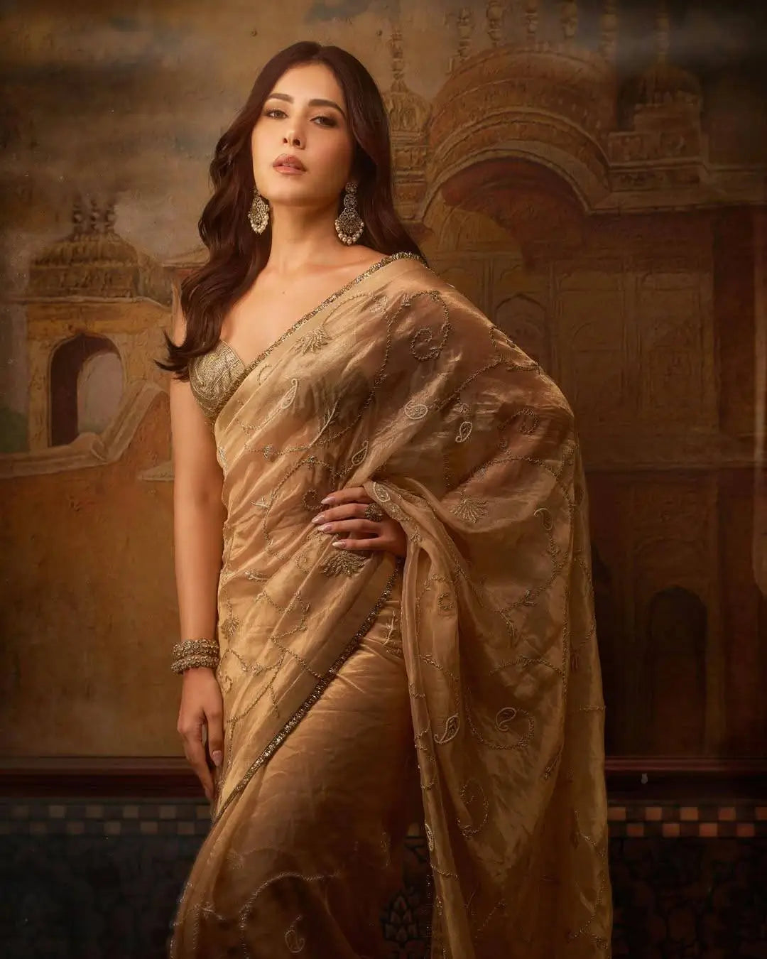 Rose Gold Silk Embroidered Saree with Designer Blouse
