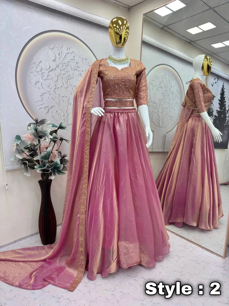 Rose Gold Two Tone Silk Lehenga Set for Wedding and Festive Wear (1 Dress 4 Way to Wear)