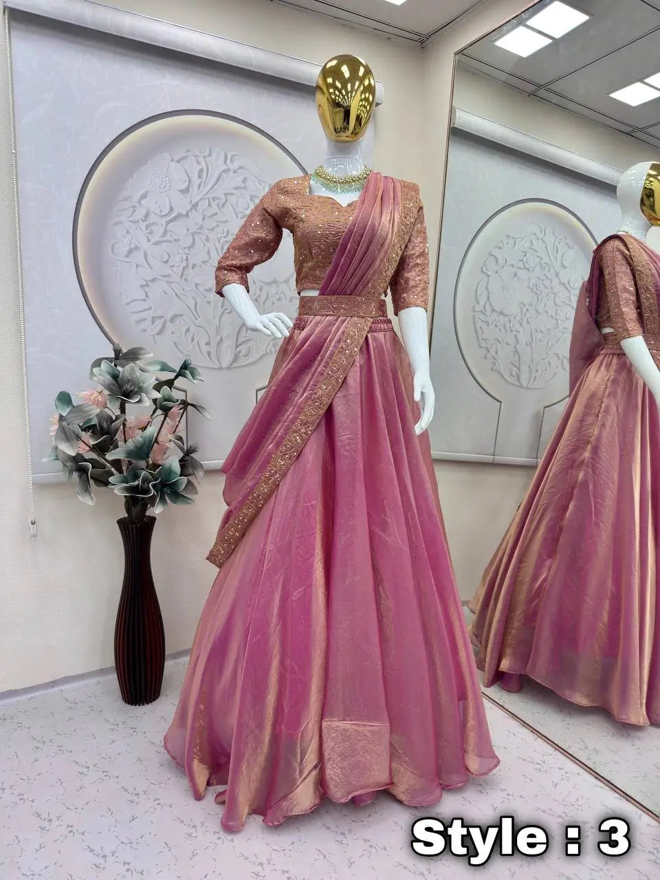 Rose Gold Two Tone Silk Lehenga Set for Wedding and Festive Wear (1 Dress 4 Way to Wear)