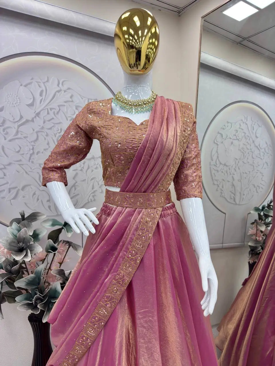 Rose Gold Two Tone Silk Lehenga Set for Wedding and Festive Wear (1 Dress 4 Way to Wear)