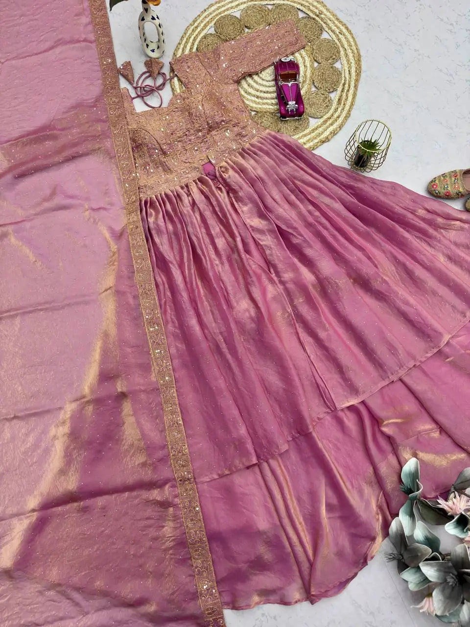 Rose Gold Two Tone Silk Lehenga Set for Wedding and Festive Wear (1 Dress 4 Way to Wear)